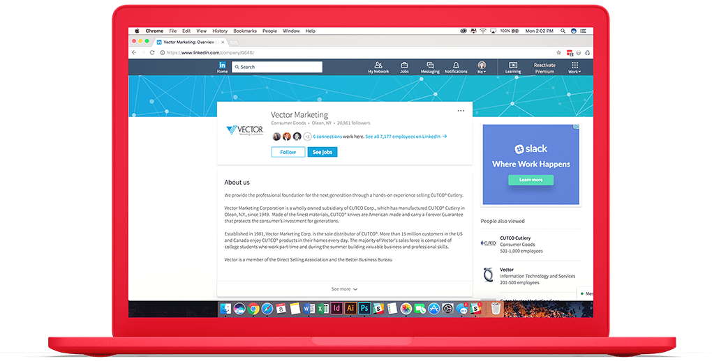 screenshot of Vector Marketing's company page