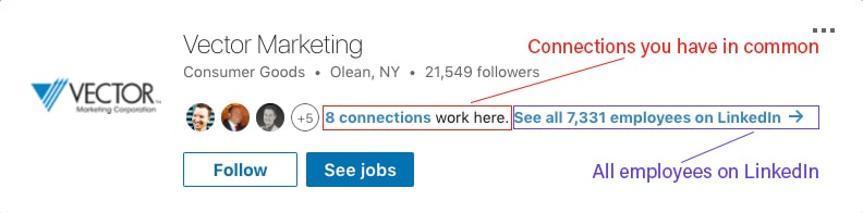 screenshot of how to see your connections that work at Vector and how to see all of Vector's employees
