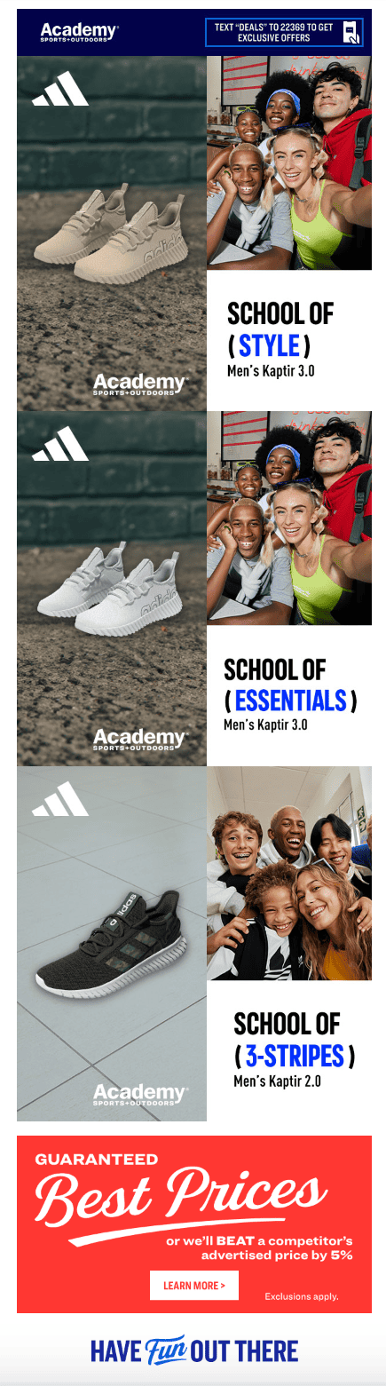 Promotional email from Academy Sports showcasing back to school deals. 