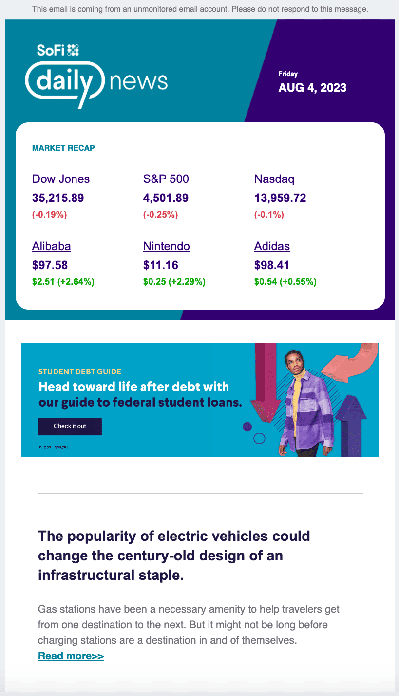 Picture of an email newsletter sent by Sofi daily news. 