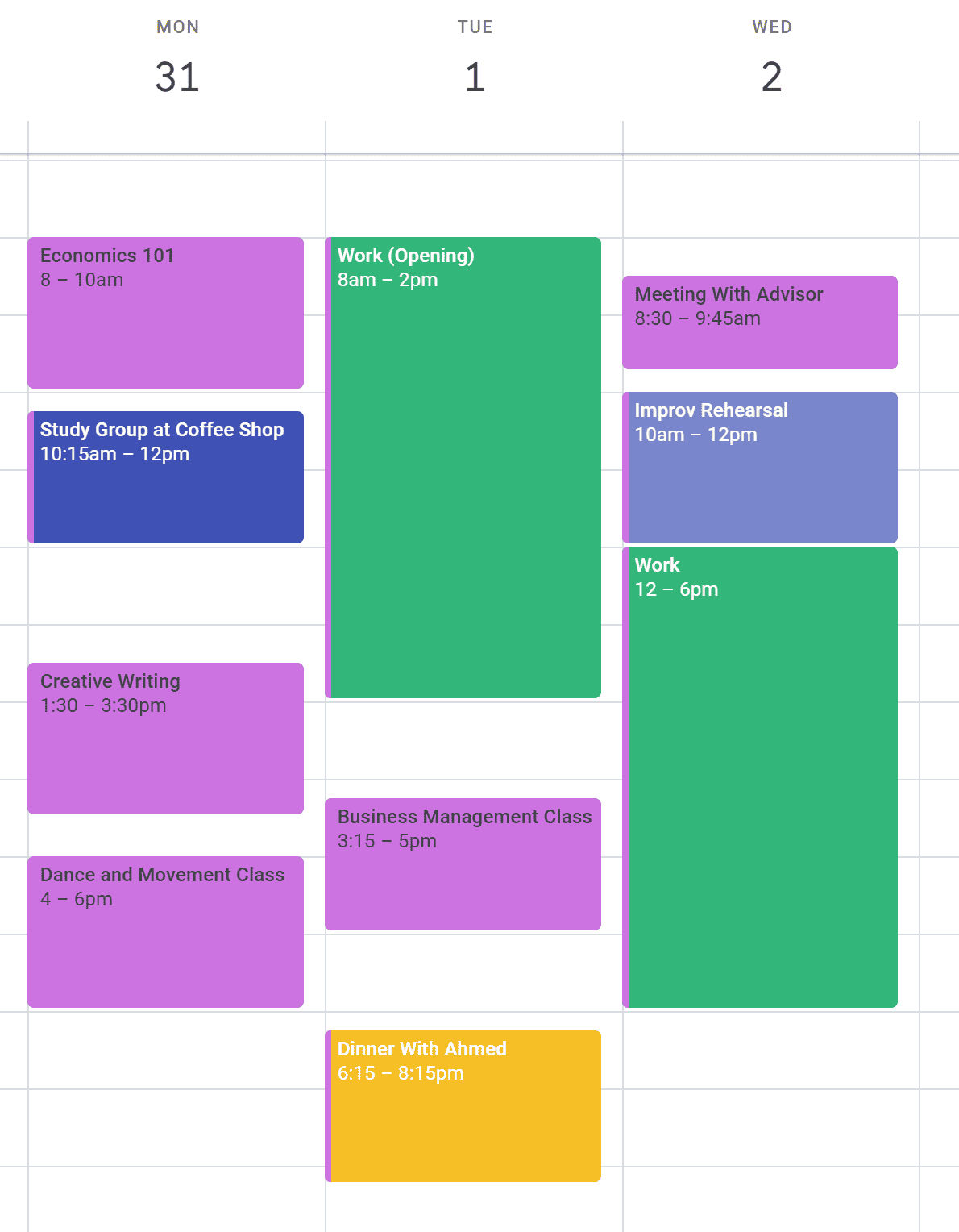 A screenshot of Google Calendar shows how a student might block out time for work, school, and social engagements.