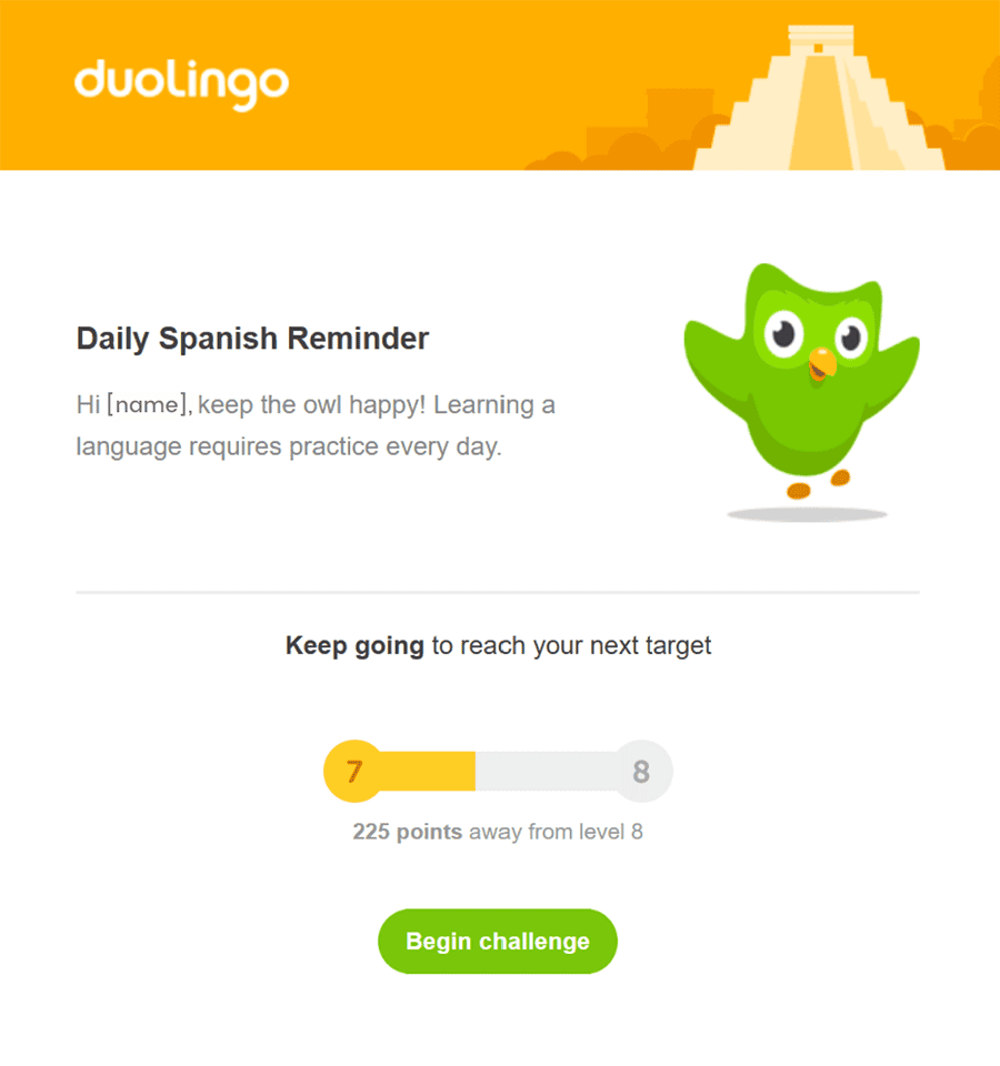 An image of a Duolingo re-engagement email reminding a subscriber to keep practicing Spanish.