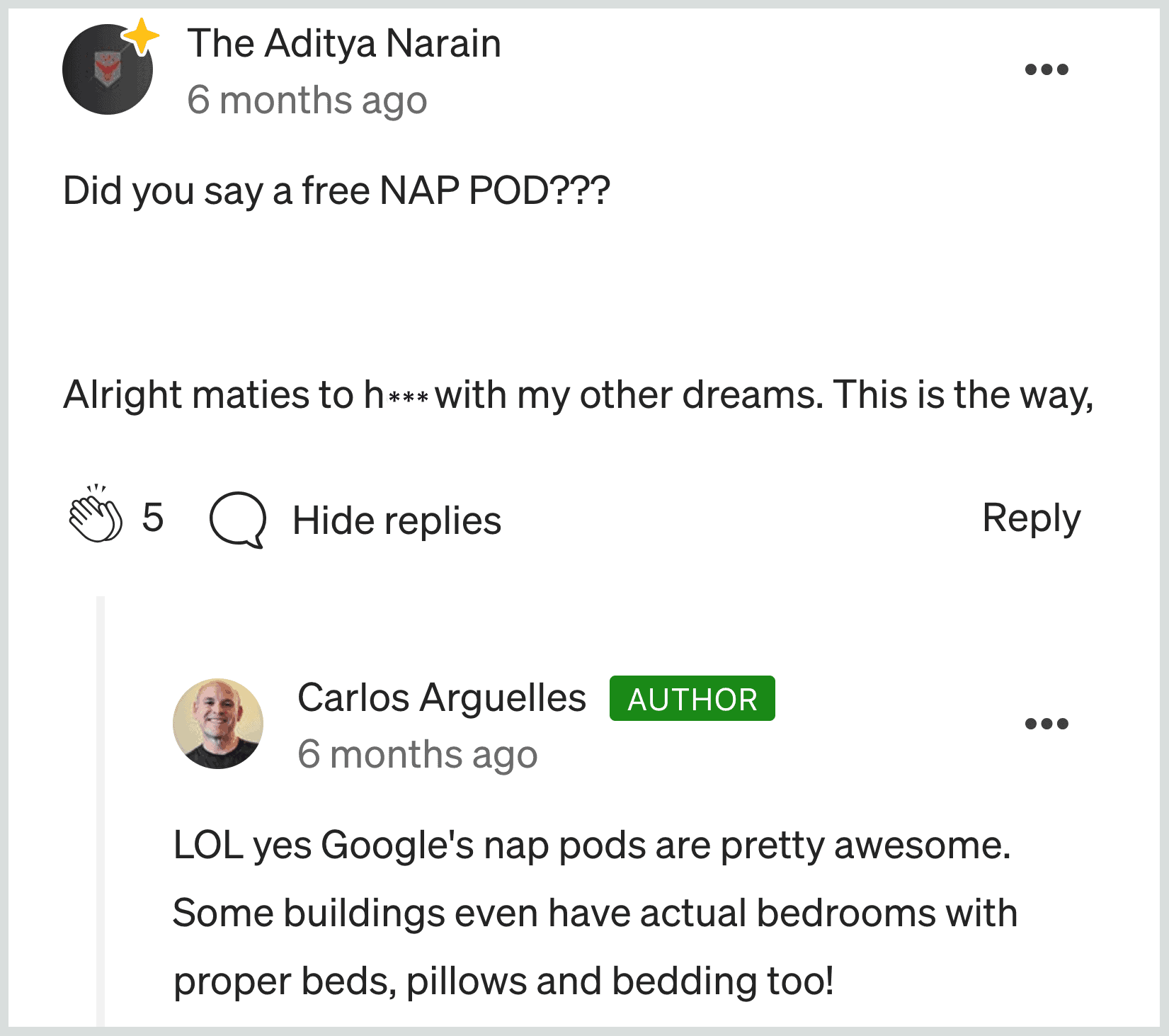 excited comment about a nap pod on a blog post